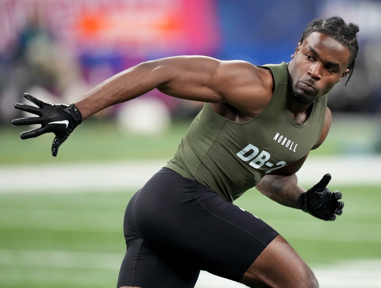 Mar 1, 2024; Indianapolis, IN, USA; Rutgers defensive back Max Melton (DB26) works out during the 2024 NFL Combine at Lucas Oil Stadium. Credit: Kirby Lee-USA TODAY Sports