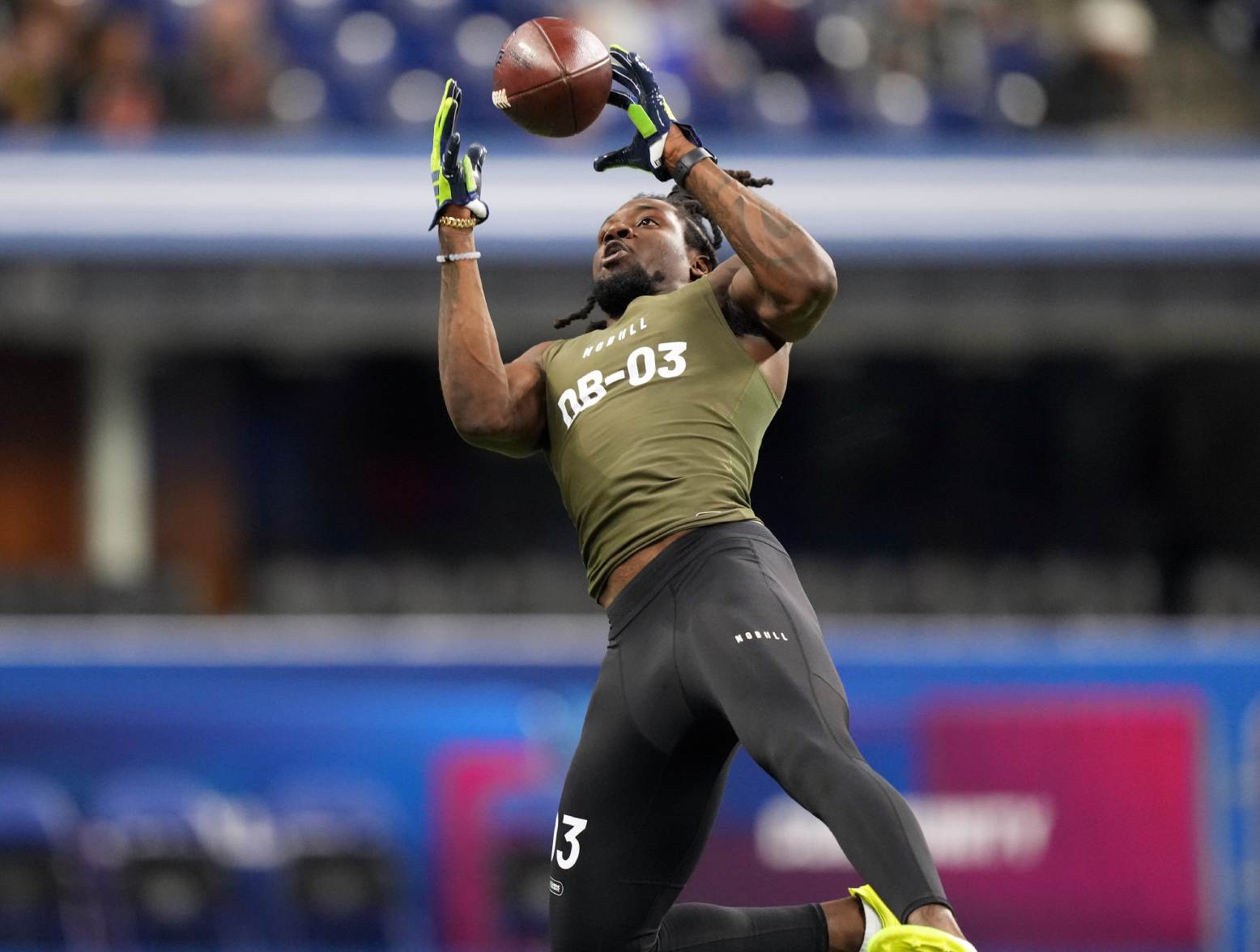 Mar 1, 2024; Indianapolis, IN, USA; Louisville defensive back Jarvis Brownlee (DB03) works out during the 2024 NFL Combine at Lucas Oil Stadium. Credit: Kirby Lee-USA TODAY Sports