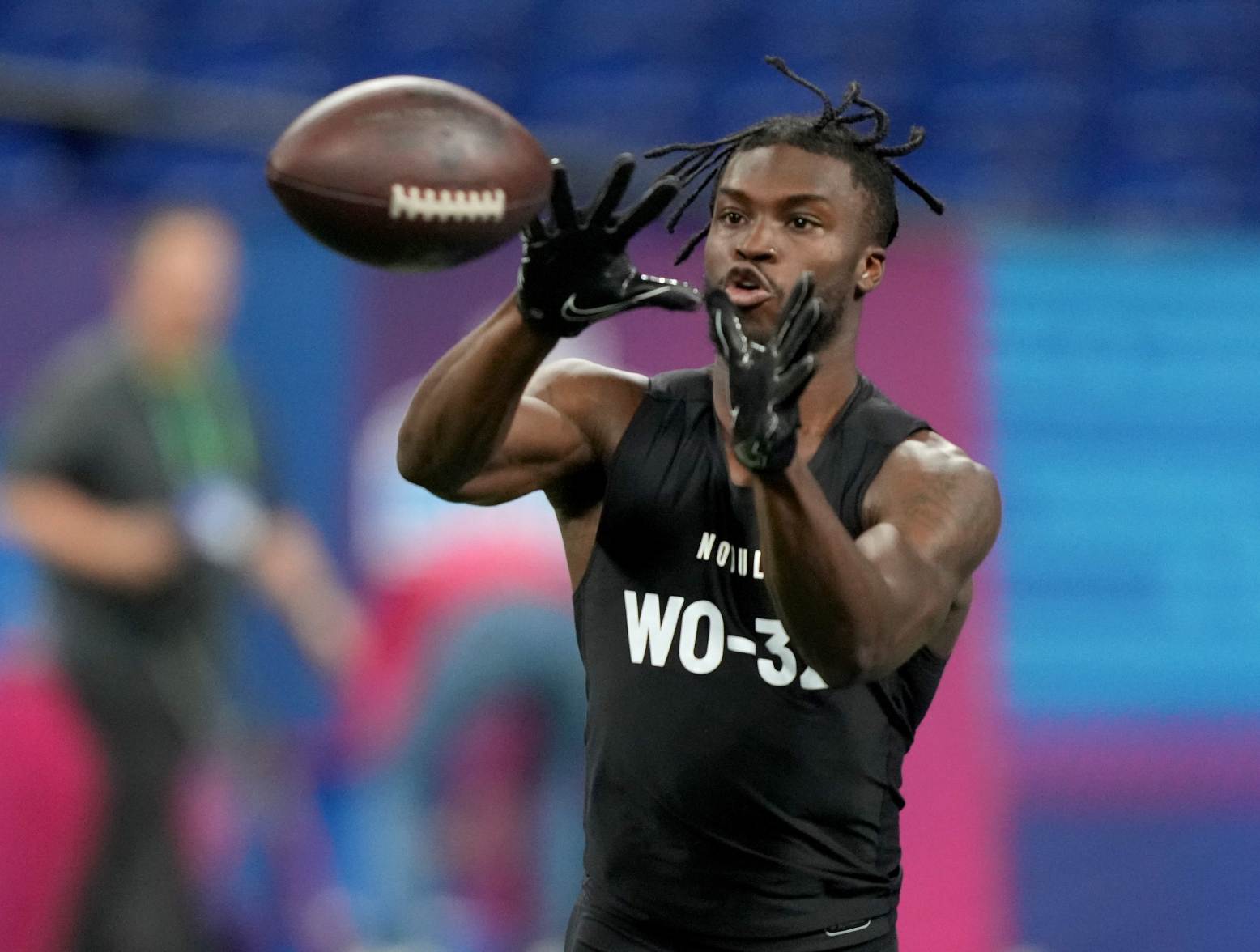 Mar 2, 2024; Indianapolis, IN, USA; North Carolina wide receiver Tez Walker (WO32) during the 2024 NFL Combine at Lucas Oil Stadium. Credit: Kirby Lee-USA TODAY Sports
