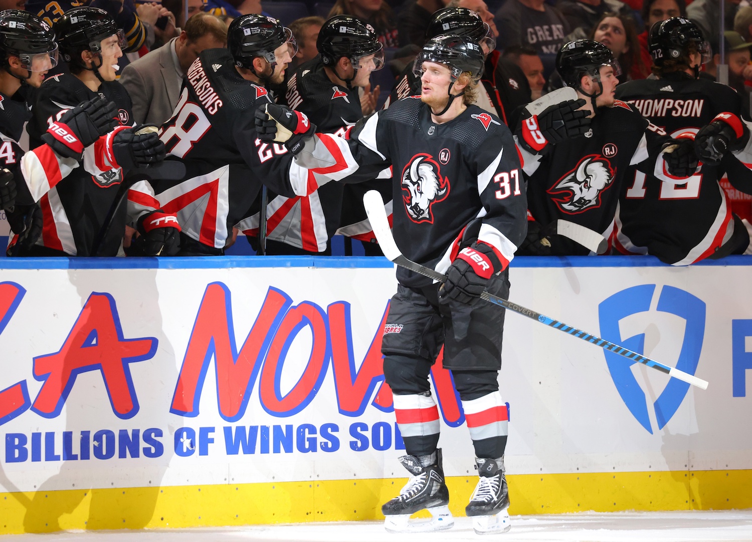 Mar 2, 2024; Buffalo, New York, USA; Buffalo Sabres center Casey Mittelstadt (37) celebrates his goal with teammates during the third period against the Vegas Golden Knights at KeyBank Center. Mandatory Credit: Timothy T. Ludwig-USA TODAY Sports