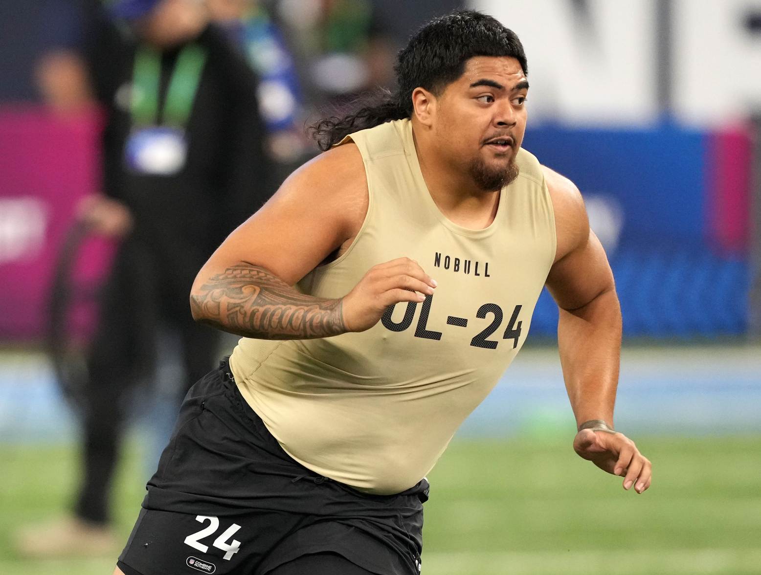 Mar 3, 2024; Indianapolis, IN, USA; Oregon State offensive lineman Taliese Fuaga (OL24) during the 2024 NFL Combine at Lucas Oil Stadium. Credit: Kirby Lee-USA TODAY Sports