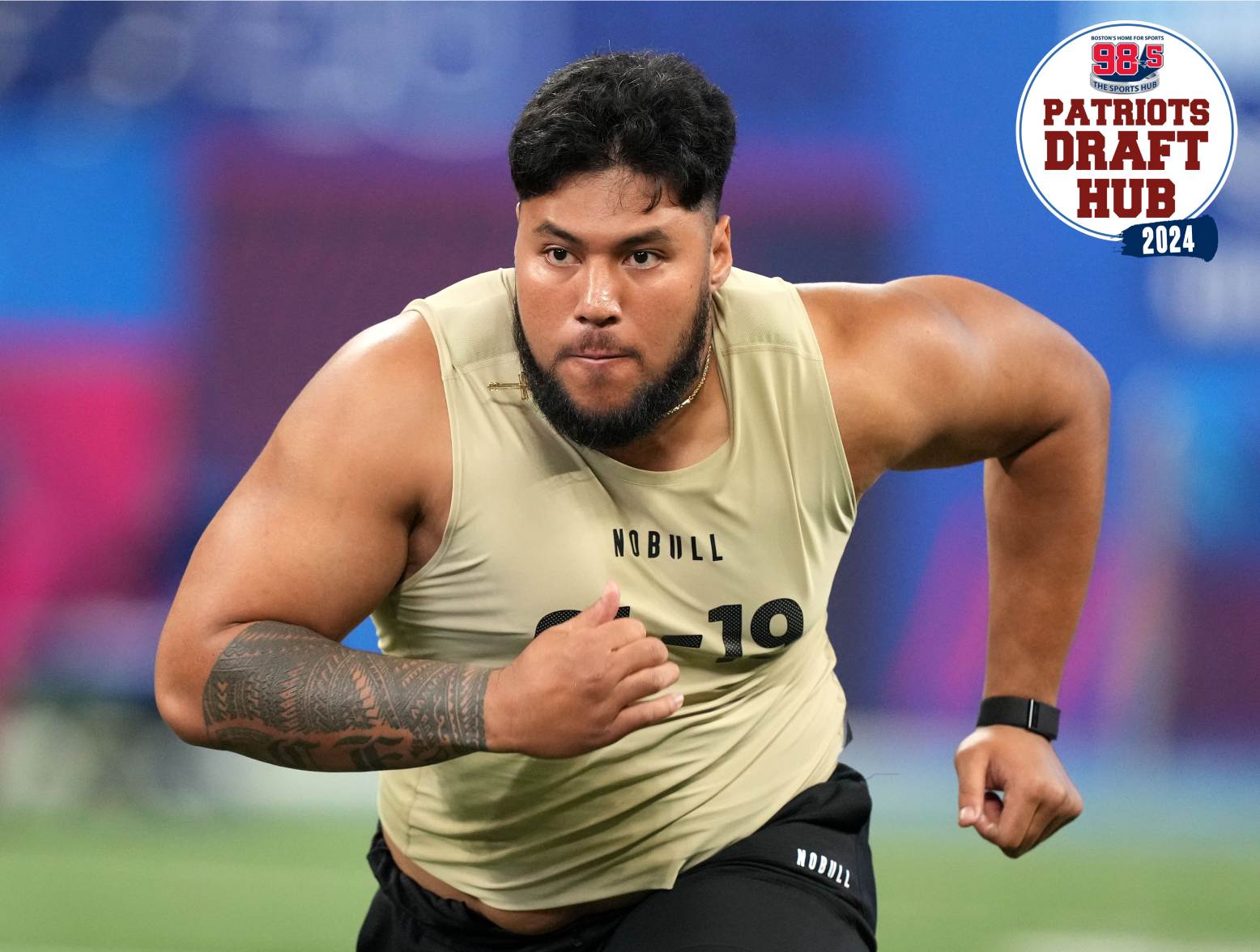 Mar 3, 2024; Indianapolis, IN, USA; Washington offensive lineman Troy Fautanu (OL19) during the 2024 NFL Combine at Lucas Oil Stadium. Credit: Kirby Lee-USA TODAY Sports