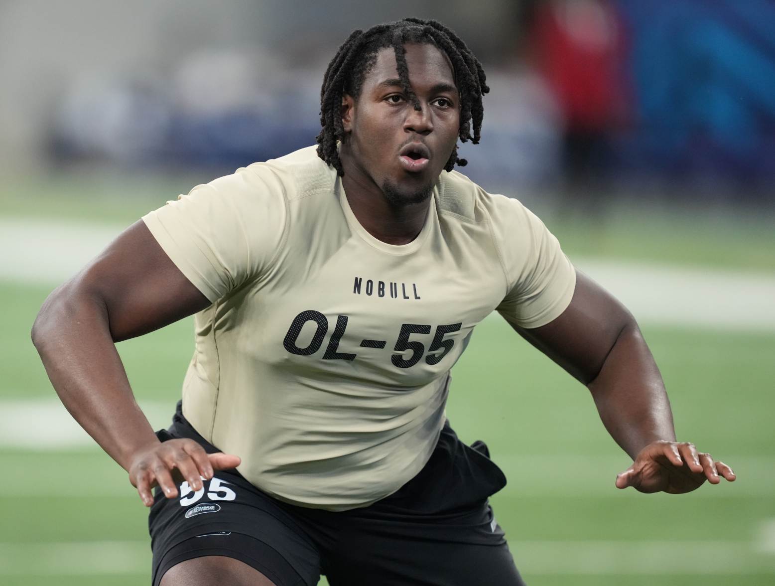 Mar 3, 2024; Indianapolis, IN, USA; Houston offensive lineman Patrick Paul (OL55) during the 2024 NFL Combine at Lucas Oil Stadium. Credit: Kirby Lee-USA TODAY Sports