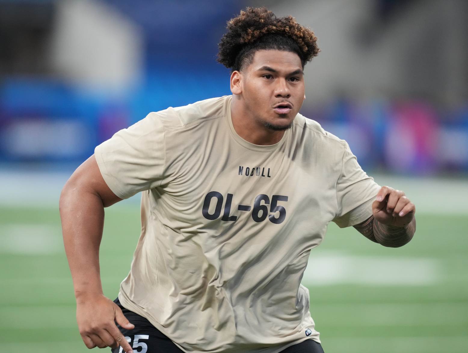 Mar 3, 2024; Indianapolis, IN, USA; Brigham Young offensive lineman Kingsley Suamataia (OL65) during the 2024 NFL Combine at Lucas Oil Stadium. Credit: Kirby Lee-USA TODAY Sports
