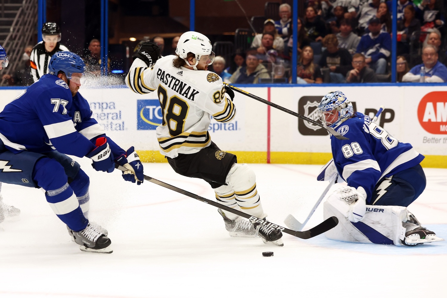 Mar 27, 2024; Tampa, Florida, USA; Tampa Bay Lightning defenseman Victor Hedman (77) defends Boston Bruins right wing David Pastrnak (88) during the second period at Amalie Arena. Mandatory Credit: Kim Klement Neitzel-USA TODAY Sports