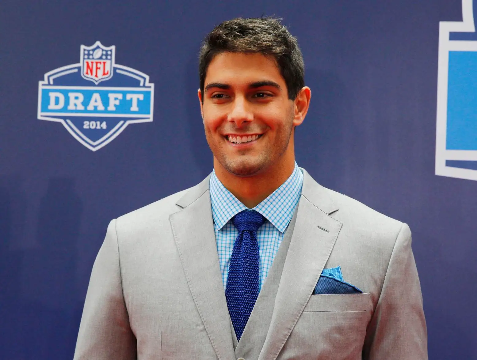 May 8, 2014; New York, NY, USA: Jimmy Garoppolo (Eastern Illinois) poses for a photo during the NFL Draft Red Carpet arrivals at Radio City Music Hall. Credit: Andy Marlin-USA TODAY Sports