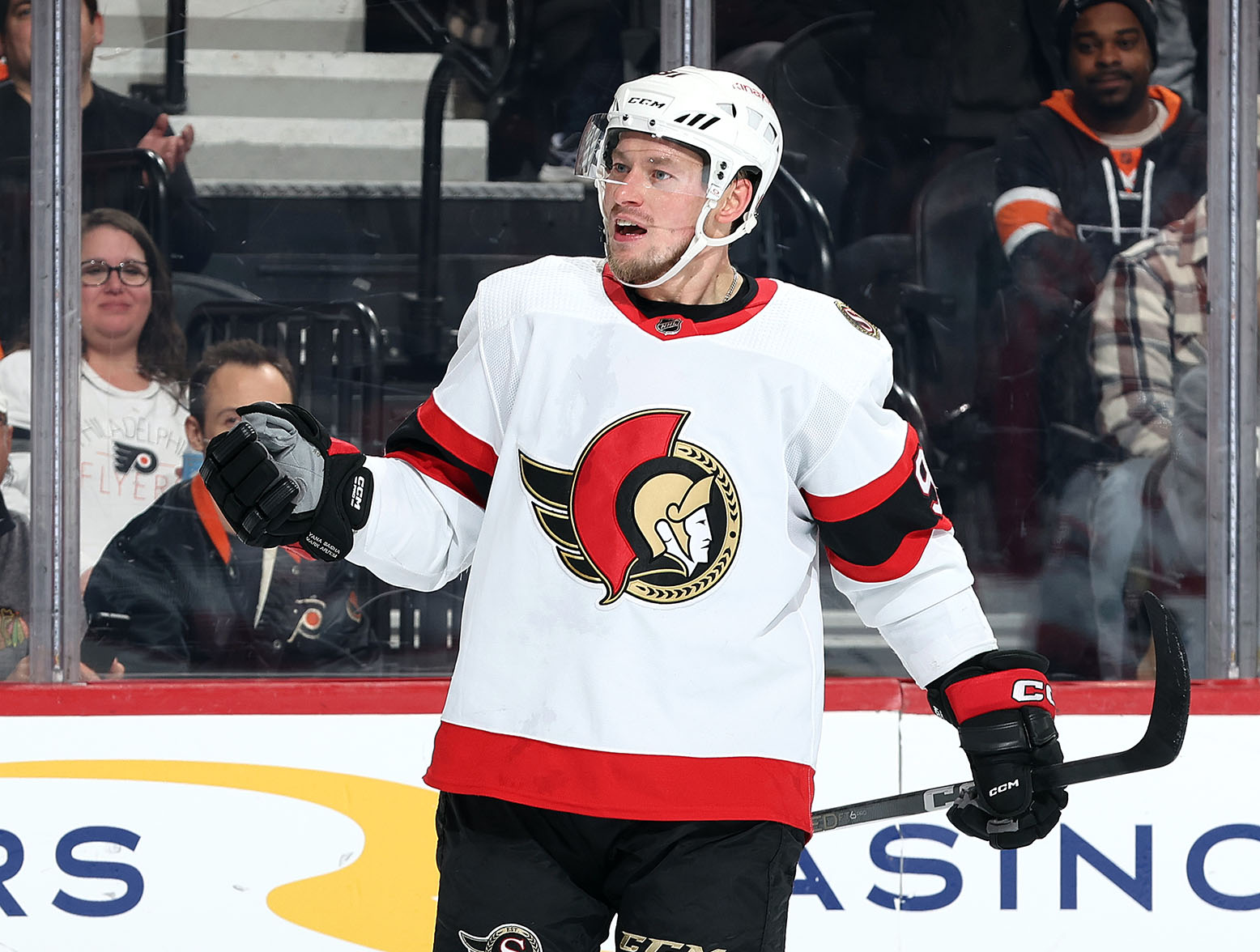 PHILADELPHIA, PENNSYLVANIA - JANUARY 21: Vladimir Tarasenko #91 of the Ottawa Senators reacts after scoring during the third period against the Philadelphia Flyers at the Wells Fargo Center on January 21, 2024 in Philadelphia, Pennsylvania. (Photo by Tim Nwachukwu/Getty Images)