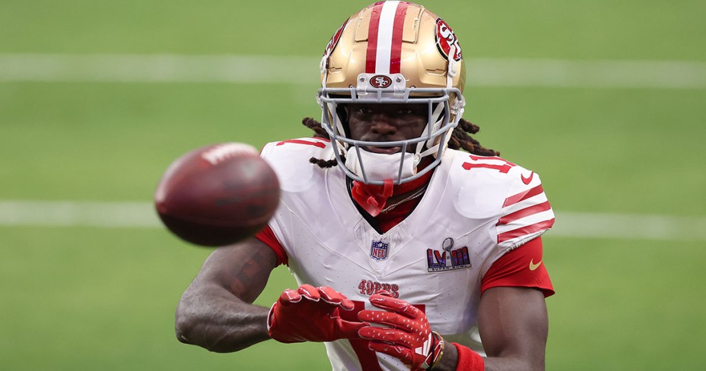 LAS VEGAS, NEVADA - FEBRUARY 11: Brandon Aiyuk #11 of the San Francisco 49ers warms up prior to Super Bowl LVIII against the Kansas City Chiefs at Allegiant Stadium on February 11, 2024 in Las Vegas, Nevada. (Photo by Steph Chambers/Getty Images)