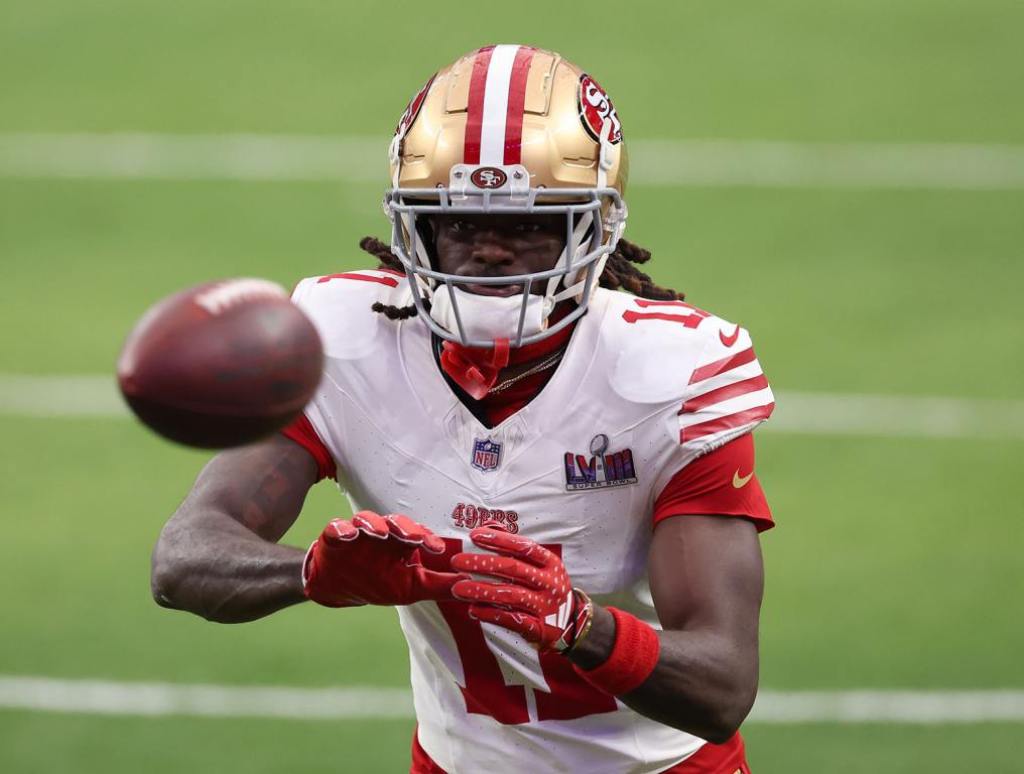 LAS VEGAS, NEVADA - FEBRUARY 11: Brandon Aiyuk #11 of the San Francisco 49ers warms up prior to Super Bowl LVIII against the Kansas City Chiefs at Allegiant Stadium on February 11, 2024 in Las Vegas, Nevada. (Photo by Steph Chambers/Getty Images)