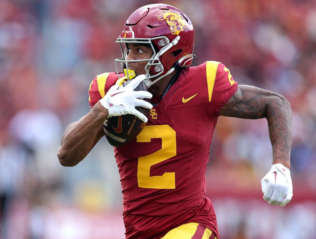 LOS ANGELES, CALIFORNIA - NOVEMBER 18: Brenden Rice #2 of the USC Trojans runs the ball after a reception during the first half of a game against the UCLA Bruins at United Airlines Field at the Los Angeles Memorial Coliseum on November 18, 2023 in Los Angeles, California. (Photo by Sean M. Haffey/Getty Images)