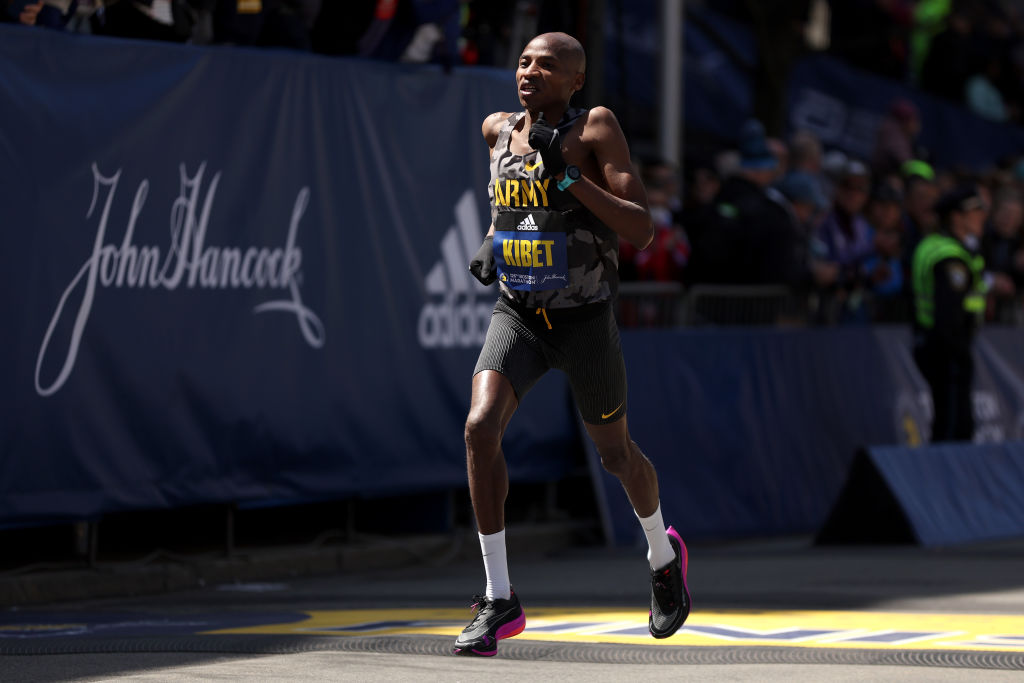 BOSTON, MASSACHUSETTS - APRIL 18: Elkanah Kibet of the United States crosses the finish line in the professional men's division during the 126th Boston Marathon on April 18, 2022 in Boston, Massachusetts. (Photo by Maddie Meyer/Getty Images)