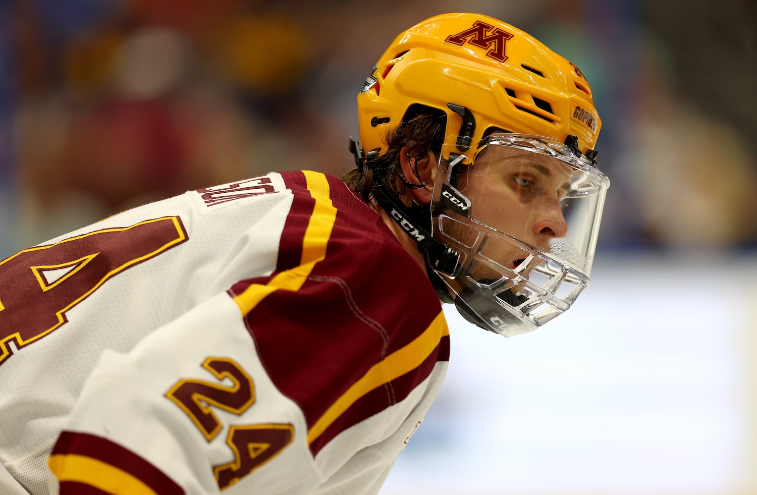 TAMPA, FLORIDA - APRIL 08: Jaxon Nelson #24 of the Minnesota Golden Gophers faces off in the first period during the championship game of the 2023 Frozen Four against the Quinnipiac Bobcats at Amalie Arena on April 08, 2023 in Tampa, Florida. (Photo by Mike Ehrmann/Getty Images)