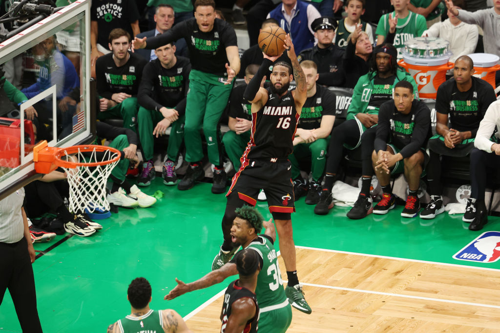 BOSTON, MASSACHUSETTS - MAY 29: Caleb Martin #16 of the Miami Heat shoots the ball during the third quarter against the Boston Celtics in game seven of the Eastern Conference Finals at TD Garden on May 29, 2023 in Boston, Massachusetts. (Photo by Adam Glanzman/Getty Images)