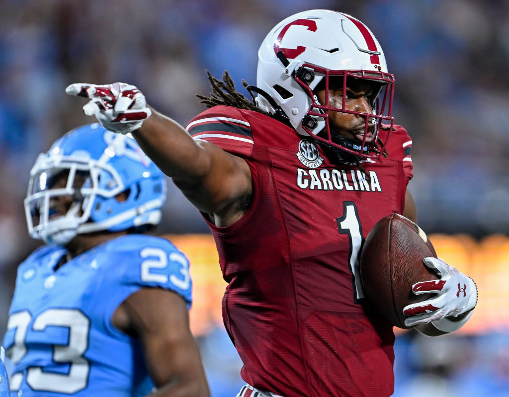 CHARLOTTE, NORTH CAROLINA - SEPTEMBER 02: Trey Knox #1 of the South Carolina Gamecocks reacts after running for a first down against the North Carolina Tar Heels during the first half of the game at Bank of America Stadium on September 02, 2023 in Charlotte, North Carolina. (Photo by Grant Halverson/Getty Images)