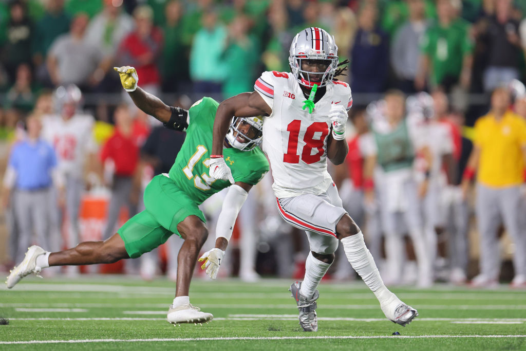 SOUTH BEND, INDIANA - SEPTEMBER 23: Marvin Harrison Jr. #18 of the Ohio State Buckeyes runs against the Notre Dame Fighting Irish during the second half at Notre Dame Stadium on September 23, 2023 in South Bend, Indiana. (Photo by Michael Reaves/Getty Images)