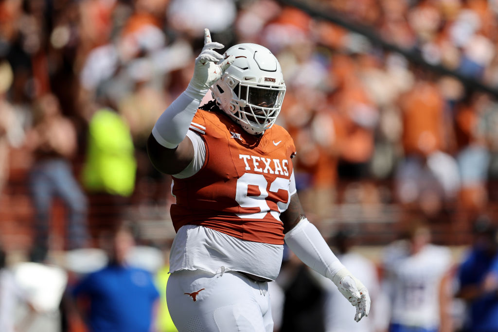 AUSTIN, TEXAS - SEPTEMBER 30: T'Vondre Sweat #93 of the Texas Longhorns celebrates after a tackle in the first against the Kansas Jayhawks at Darrell K Royal-Texas Memorial Stadium on September 30, 2023 in Austin, Texas. (Photo by Tim Warner/Getty Images)