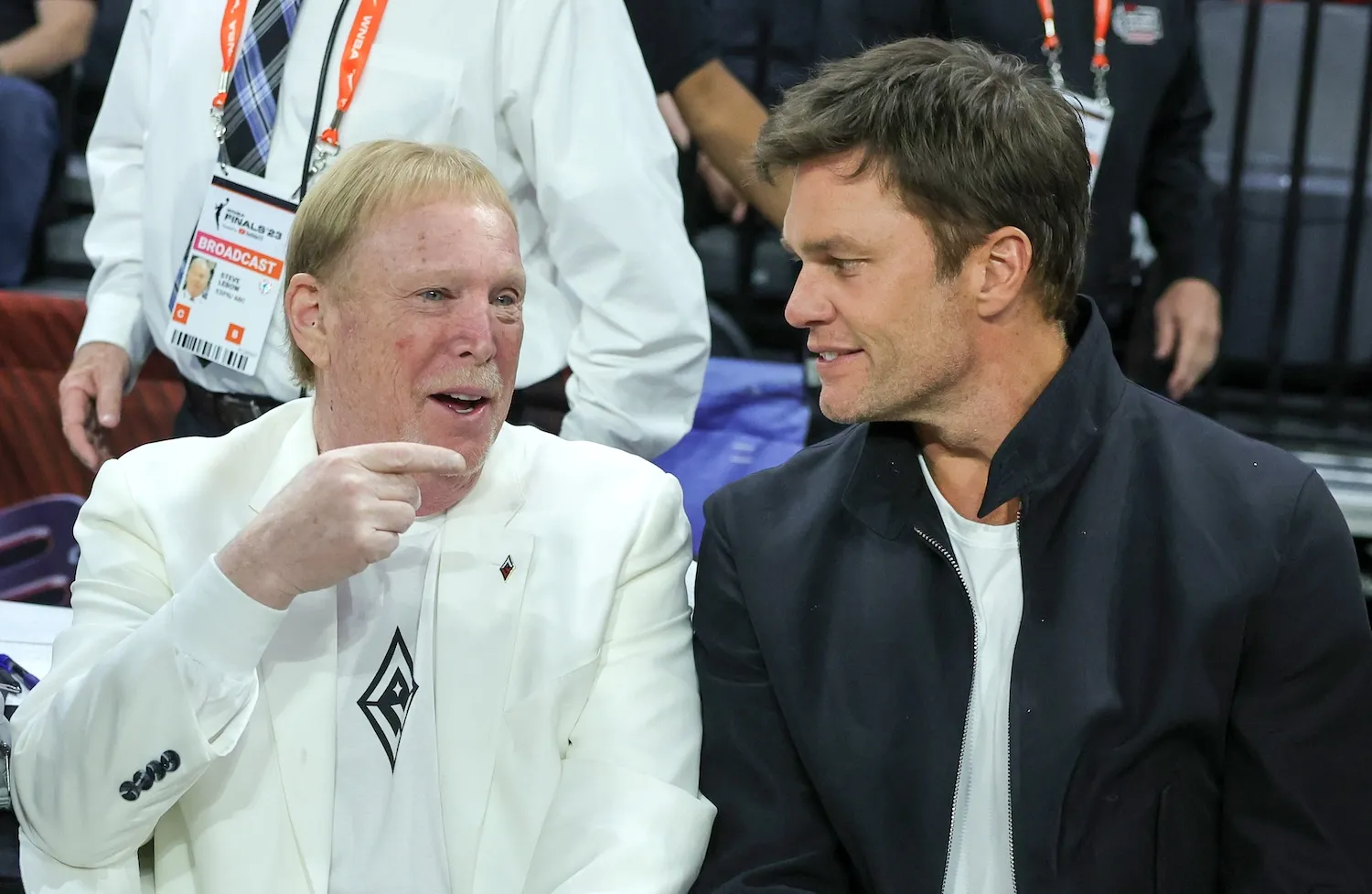 LAS VEGAS, NEVADA - OCTOBER 08: Las Vegas Raiders owner and managing general partner and Las Vegas Aces owner Mark Davis (L) and Tom Brady attend Game One of the 2023 WNBA Playoffs finals between the Aces and the New York Liberty at Michelob ULTRA Arena on October 08, 2023 in Las Vegas, Nevada. The Aces defeated the Liberty 99-82. NOTE TO USER: User expressly acknowledges and agrees that, by downloading and or using this photograph, User is consenting to the terms and conditions of the Getty Images License Agreement. (Photo by Ethan Miller/Getty Images)