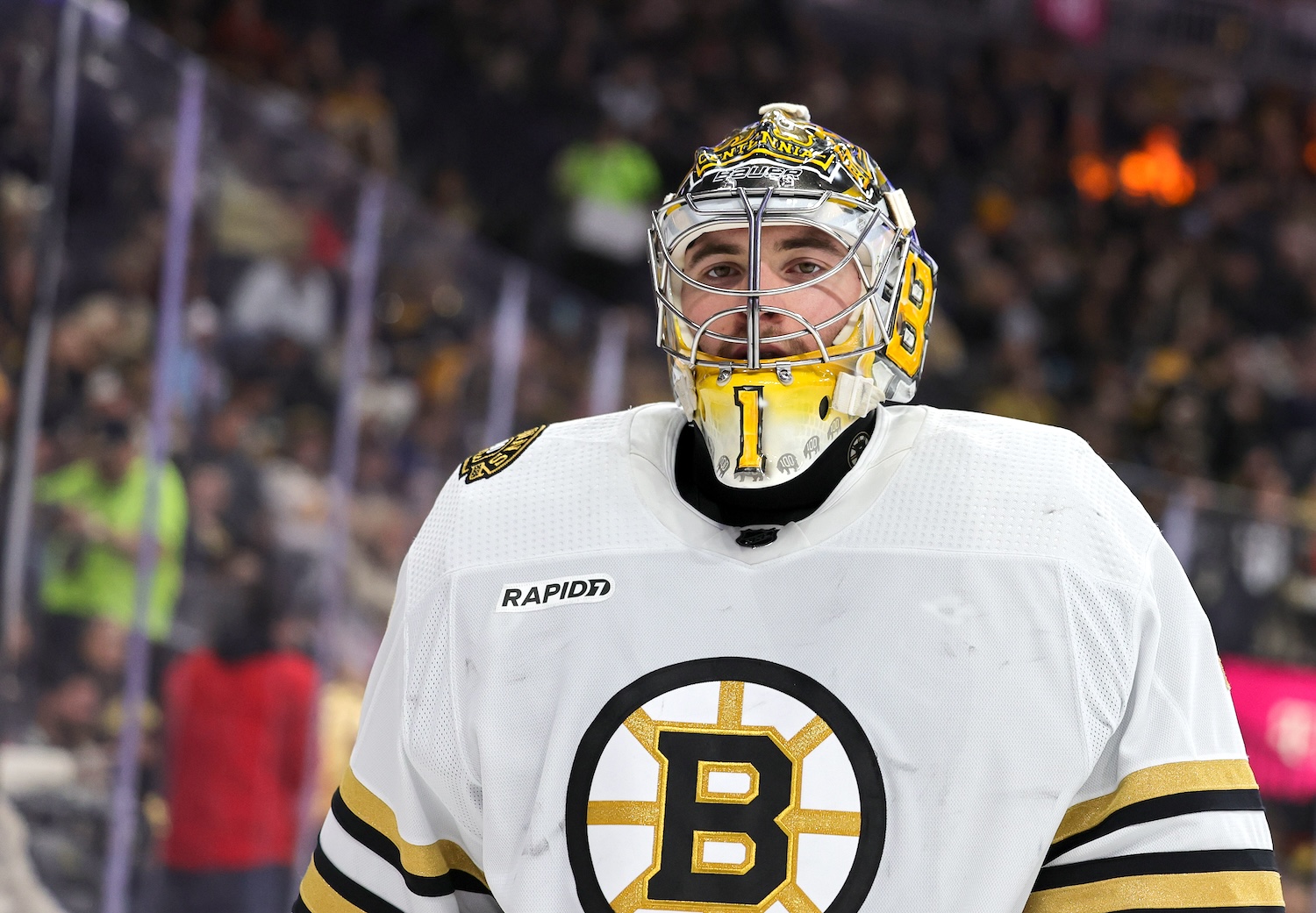 LAS VEGAS, NEVADA - JANUARY 11: Jeremy Swayman #1 of the Boston Bruins takes a break during a stop in play in the second period of a game against the Vegas Golden Knights at T-Mobile Arena on January 11, 2024 in Las Vegas, Nevada. The Golden Knights defeated the Bruins 2-1 in overtime. (Photo by Ethan Miller/Getty Images)