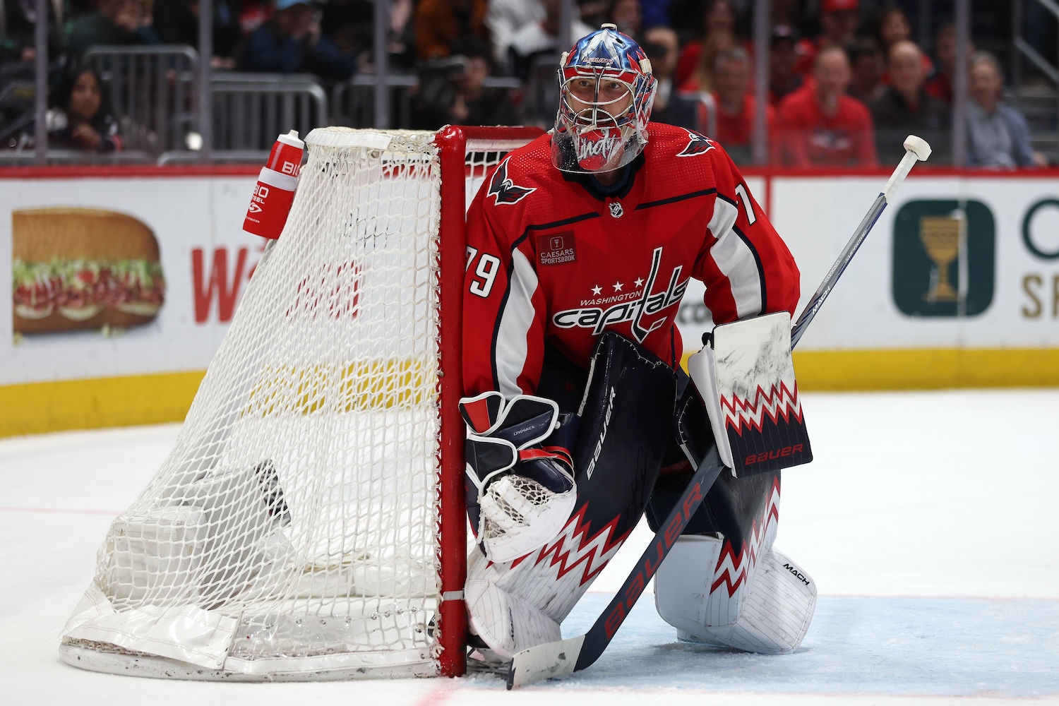 WASHINGTON, DC - APRIL 15: Goalie Charlie Lindgren #79 of the Washington Capitals tends the net against the Boston Bruins during the third period at Capital One Arena on April 15, 2024 in Washington, DC. (Photo by Patrick Smith/Getty Images)