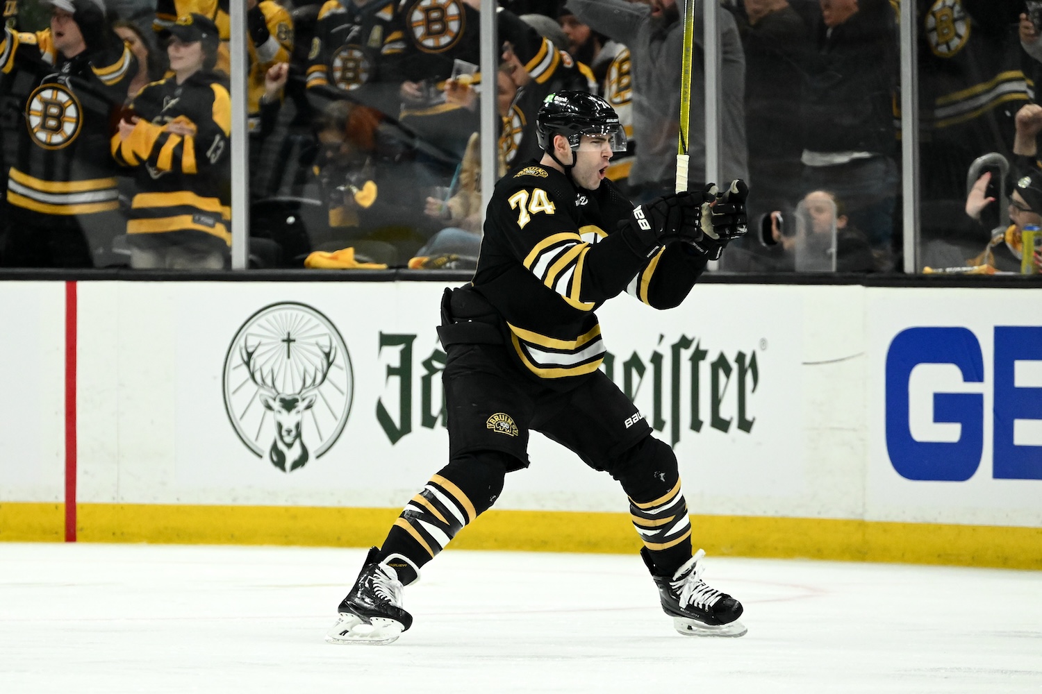 BOSTON, MASSACHUSETTS - APRIL 20: Jake DeBrusk #74 of the Boston Bruins reacts after a goal was scored by teammate Brandon Carlo #25 (not in photo) during the second period against the Toronto Maple Leafs in Game One of the First Round of the 2024 Stanley Cup Playoffs at TD Garden on April 20, 2024 in Boston, Massachusetts. (Photo by Brian Fluharty/Getty Images)