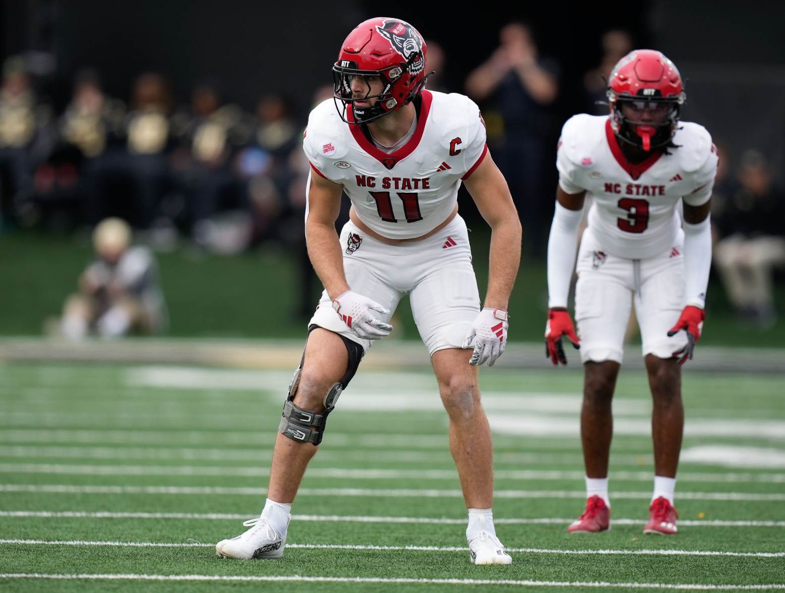 Nov 11, 2023; Winston-Salem, North Carolina, USA; North Carolina State Wolfpack linebacker Payton Wilson (11) during the first half at Allegacy Federal Credit Union Stadium. Credit: Jim Dedmon-USA TODAY Sports