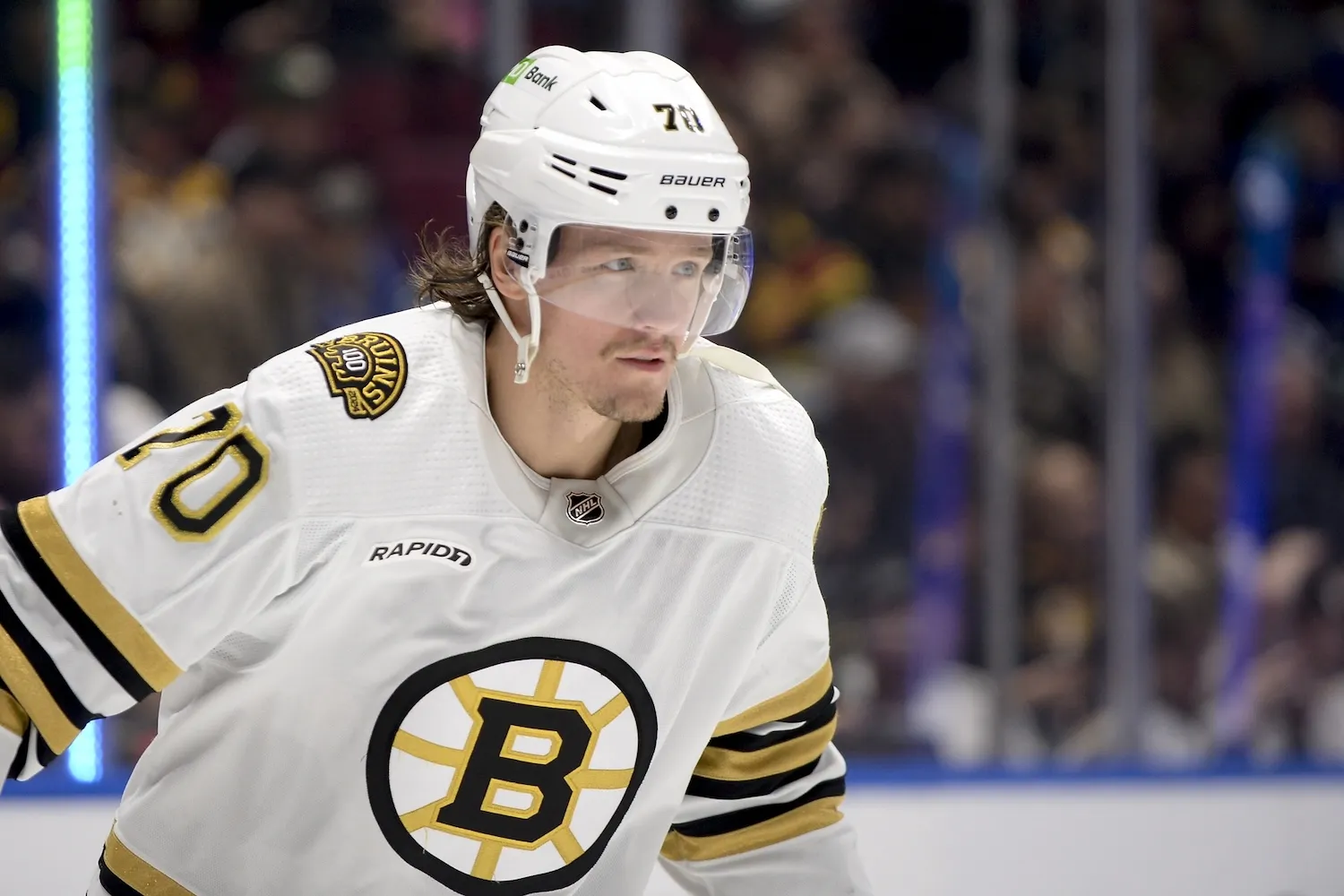 Feb 24, 2024; Vancouver, British Columbia, CAN; Boston Bruins forward Jesper Boqvist (70) awaits the start of play against the Vancouver Canucks during the second period at Rogers Arena. Mandatory Credit: Anne-Marie Sorvin-USA TODAY Sports