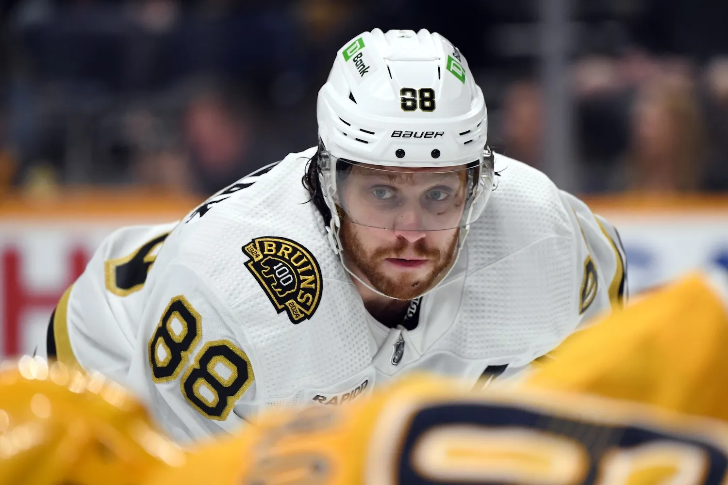 Apr 2, 2024; Nashville, Tennessee, USA; Boston Bruins right wing David Pastrnak (88) waits for a face off during the second period against the Nashville Predators at Bridgestone Arena. Mandatory Credit: Christopher Hanewinckel-USA TODAY Sports