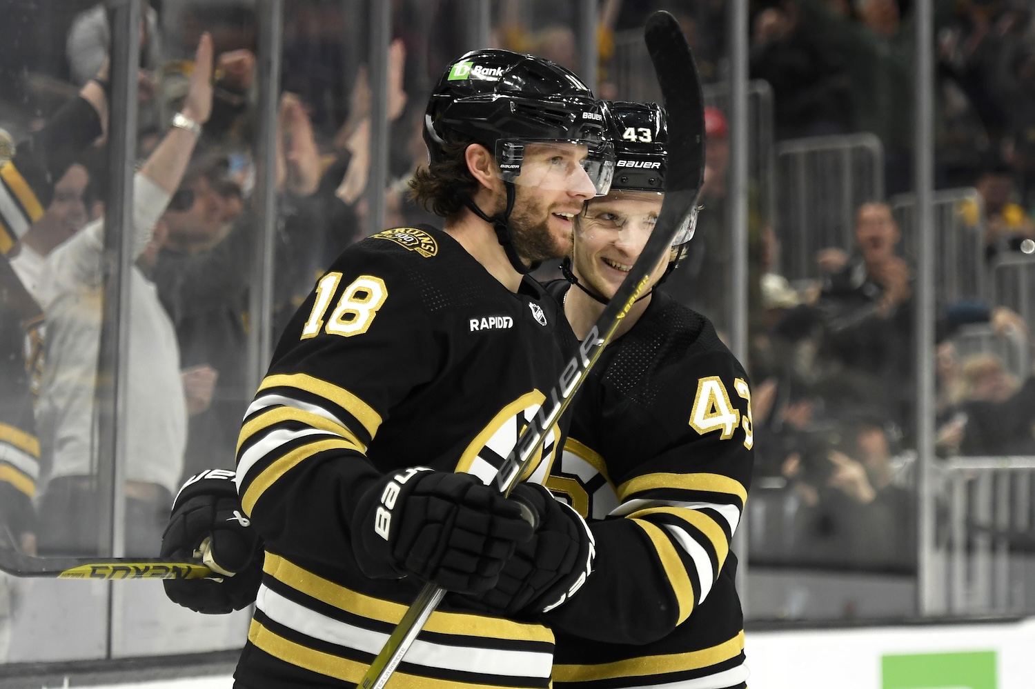 Apr 16, 2024; Boston, Massachusetts, USA; Boston Bruins center Pavel Zacha (18) is congratulated by center Danton Heinen (43) after scoring a goal during the third period against the Ottawa Senators at TD Garden. Mandatory Credit: Bob DeChiara-USA TODAY Sports