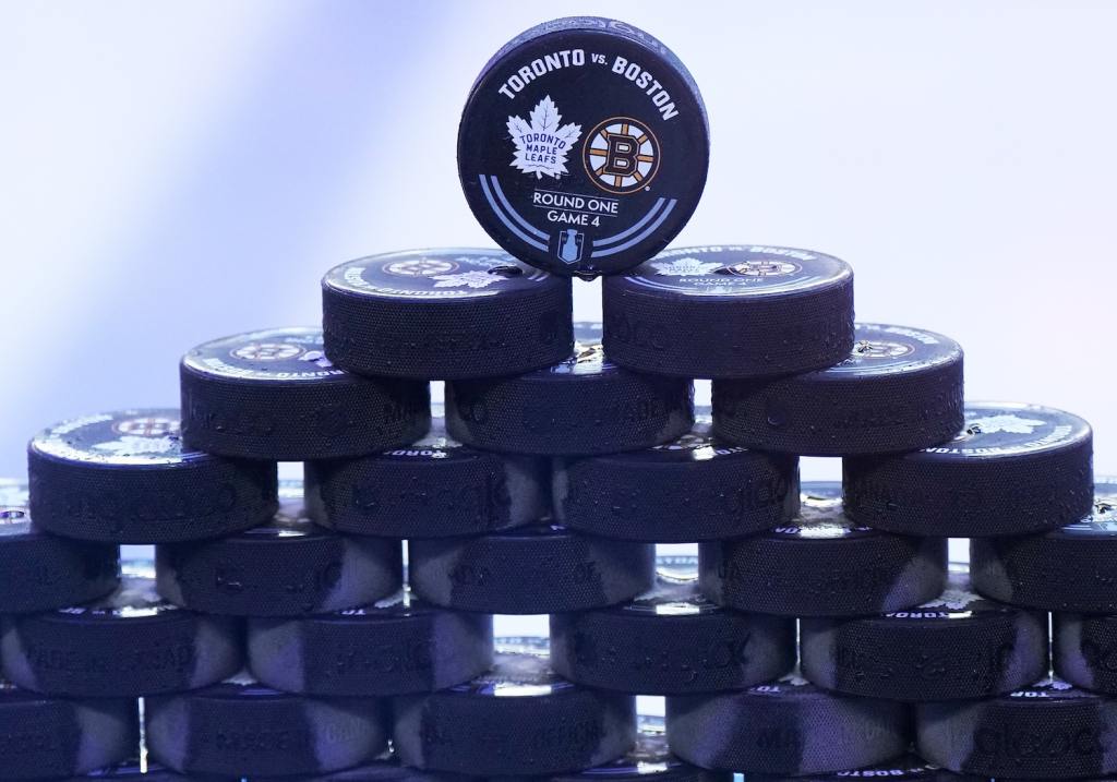 Apr 27, 2024; Toronto, Ontario, CAN; The pucks sit on the board during the warmup before game four of the first round of the 2024 Stanley Cup Playoffs between the Boston Bruins and Toronto Maple Leafs at Scotiabank Arena. Mandatory Credit: Nick Turchiaro-USA TODAY SportsMandatory Credit: Nick Turchiaro-USA TODAY Sports