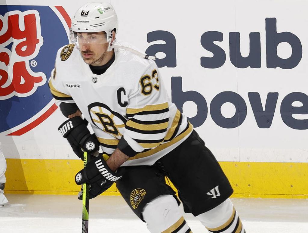 SUNRISE, FL - MAY 6: Brad Marchand #63 of the Boston Bruins skates prior to the game against the Florida Panthers in Game One of the Second Round of the 2024 Stanley Cup Playoffs at the Amerant Bank Arena on May 6, 2024 in Sunrise, Florida. (Photo by Joel Auerbach/Getty Images)