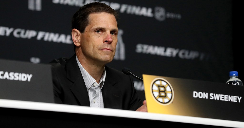 BOSTON, MASSACHUSETTS - MAY 26: General Manager Don Sweeney of the Boston Bruins speaks during Media Day ahead of the 2019 NHL Stanley Cup Final at TD Garden on May 26, 2019 in Boston, Massachusetts. (Photo by Bruce Bennett/Getty Images)