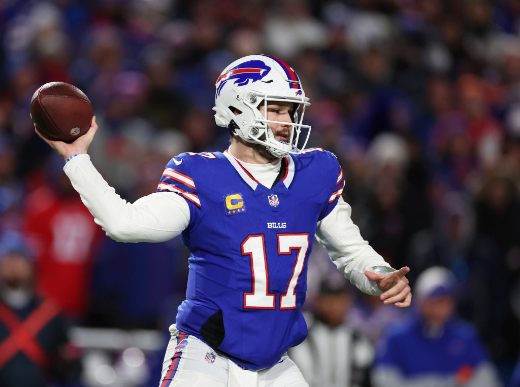 ORCHARD PARK, NEW YORK - JANUARY 21: Josh Allen #17 of the Buffalo Bills in action against the Kansas City Chiefs during their AFC Divisional Playoff game at Highmark Stadium on January 21, 2024 in Orchard Park, New York. (Photo by Al Bello/Getty Images)