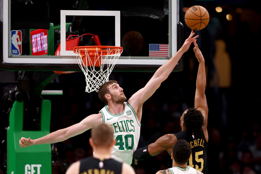 BOSTON, MASSACHUSETTS - MAY 07: Luke Kornet #40 of the Boston Celtics blocks a shot from Donovan Mitchell #45 of the Cleveland Cavaliers during the first quarter in Game One of the Eastern Conference Second Round Playoffs at TD Garden on May 07, 2024 in Boston, Massachusetts. (Photo by Maddie Meyer/Getty Images)