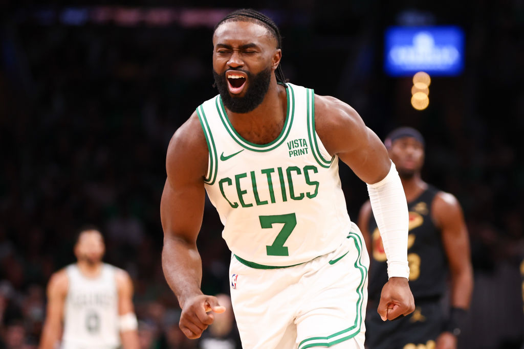 BOSTON, MASSACHUSETTS - MAY 07: Jaylen Brown #7 of the Boston Celtics reacts to missing a shot during the first quarter in Game One of the Eastern Conference Second Round Playoffs against the Cleveland Cavaliers at TD Garden on May 07, 2024 in Boston, Massachusetts. (Photo by Maddie Meyer/Getty Images)