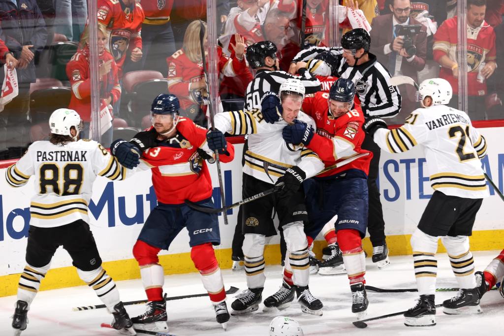 SUNRISE, FLORIDA - MAY 08: Boston Bruins players fight with Florida Panthers players during the third period in Game Two of the Second Round of the 2024 Stanley Cup Playoffs at Amerant Bank Arena on May 08, 2024 in Sunrise, Florida. (Photo by Joel Auerbach/Getty Images)