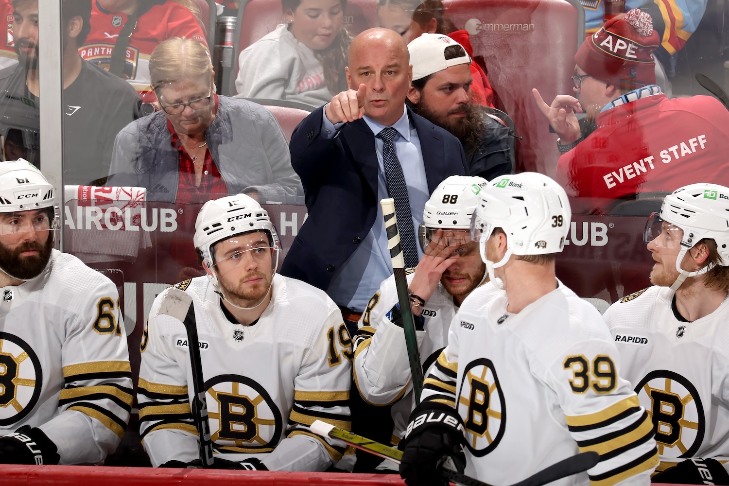 SUNRISE, FLORIDA - MAY 14: Head coach Jim Montgomery of the Boston Bruins is seen on the bench during the third period against the Florida Panthers in Game Five of the Second Round of the 2024 Stanley Cup Playoffs at Amerant Bank Arena on May 14, 2024 in Sunrise, Florida. (Photo by Joel Auerbach/Getty Images)