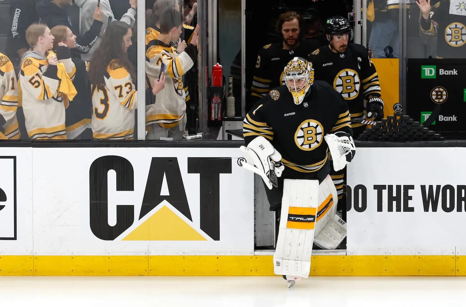 BOSTON, MASSACHUSETTS - MAY 17: Jeremy Swayman #1 of the Boston Bruins warms up before a game against the Florida Panthers in Game Six of the Second Round of the 2024 Stanley Cup Playoffs at the TD Garden on May 17, 2024 in Boston, Massachusetts. The Panthers won 2-1 to advance to the Eastern Conference final. (Photo by Richard T Gagnon/Getty Images) *** Local Caption *** Jeremy Swayman