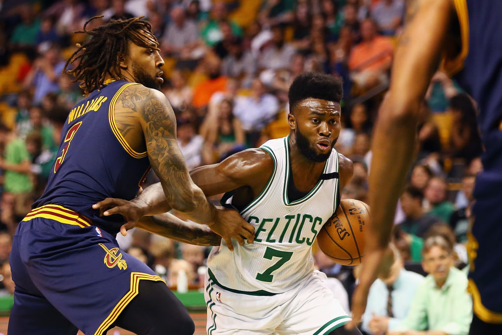 BOSTON, MA - MAY 19: Jaylen Brown #7 of the Boston Celtics drives to the basket against Derrick Williams in the second half during Game Two of the 2017 NBA Eastern Conference Finals at TD Garden on May 19, 2017 in Boston, Massachusetts. (Photo by Adam Glanzman/Getty Images)