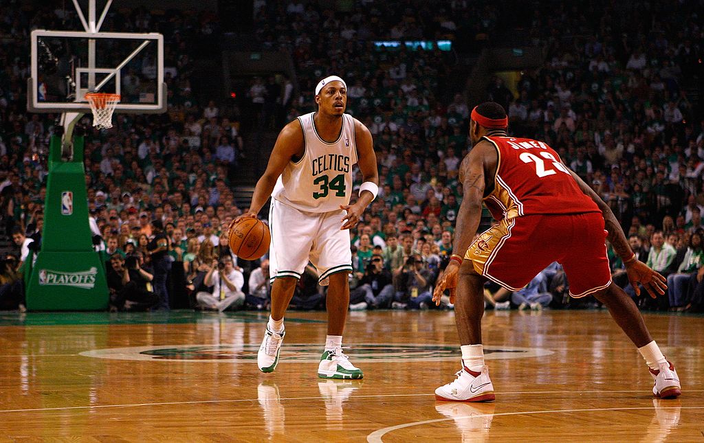 BOSTON - MAY 18: Paul Pierce #34 of the Boston Celtics looks to move the ball against LeBron James #23 of the Cleveland Cavaliers in Game Seven of the Eastern Conference Semifinals during the 2008 NBA Playoffs at the TD Banknorth Garden May 18, 2008 in Boston, Massachusetts. The Celtics won 97-92. (Photo by Jim Rogash/Getty Images)
