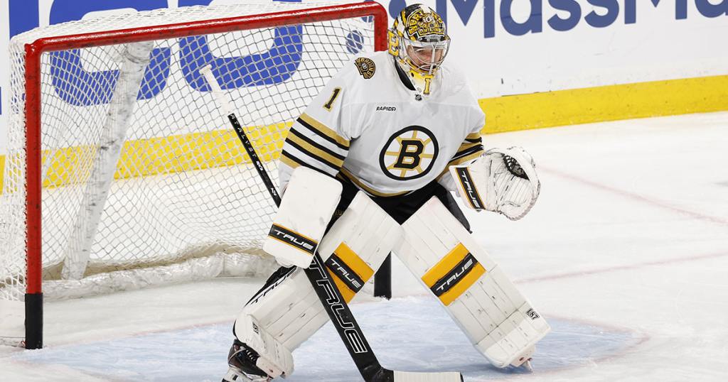 SUNRISE, FLORIDA - MAY 08: Jeremy Swayman #1 of the Boston Bruins warms up prior to Game Two of the Second Round of the 2024 Stanley Cup Playoffs against the Florida Panthers at Amerant Bank Arena on May 08, 2024 in Sunrise, Florida. (Photo by Joel Auerbach/Getty Images)