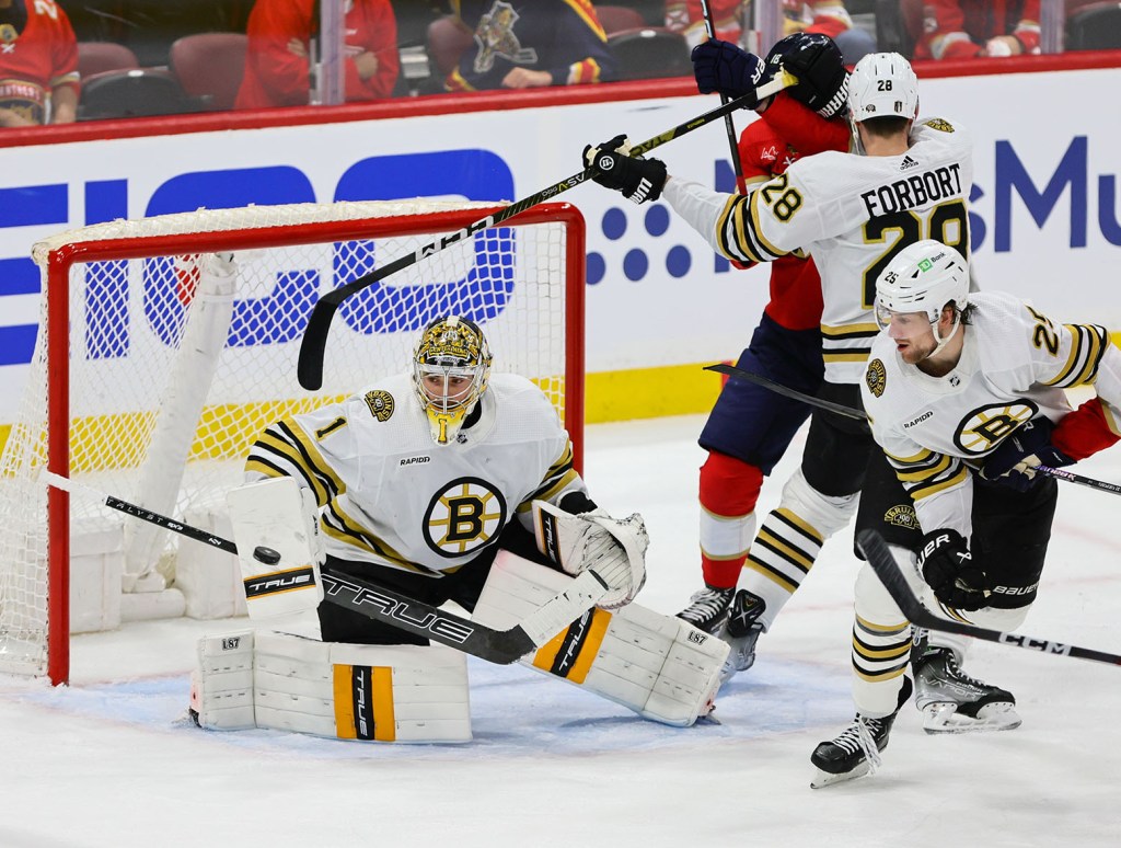 May 6, 2024; Sunrise, Florida, USA; Boston Bruins goaltender Jeremy Swayman (1) makes a save against the Florida Panthers during the third period in game one of the second round of the 2024 Stanley Cup Playoffs at Amerant Bank Arena. Mandatory Credit: Sam Navarro-USA TODAY Sports