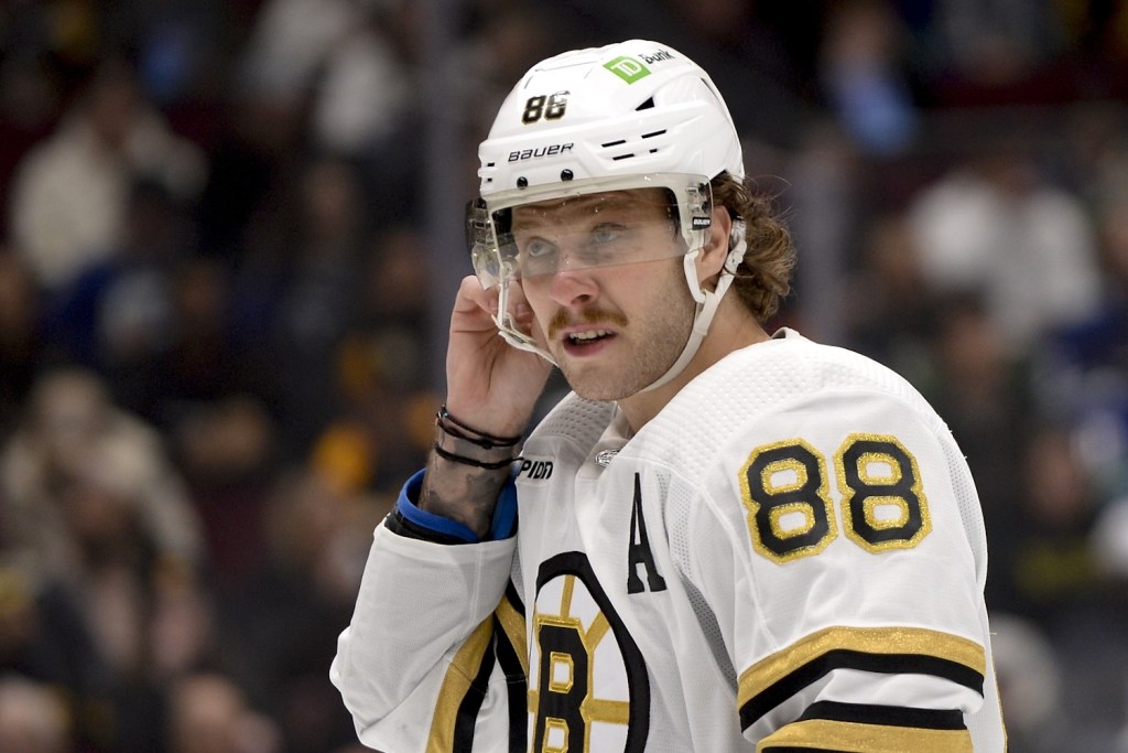 Feb 24, 2024; Vancouver, British Columbia, CAN; Boston Bruins forward David Pastrnak (88) awaits start of play against the Vancouver Canucks during the first period at Rogers Arena. Mandatory Credit: Anne-Marie Sorvin-USA TODAY Sports