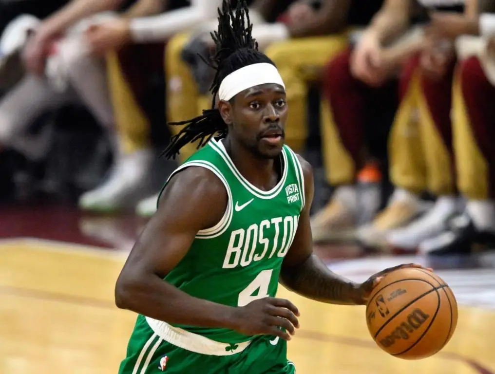 May 11, 2024; Cleveland, Ohio, USA; Boston Celtics guard Jrue Holiday (4) brings the ball up court against the Cleveland Cavaliers in the first quarter of game three of the second round of the 2024 NBA playoffs at Rocket Mortgage FieldHouse. Credit: David Richard-USA TODAY Sports