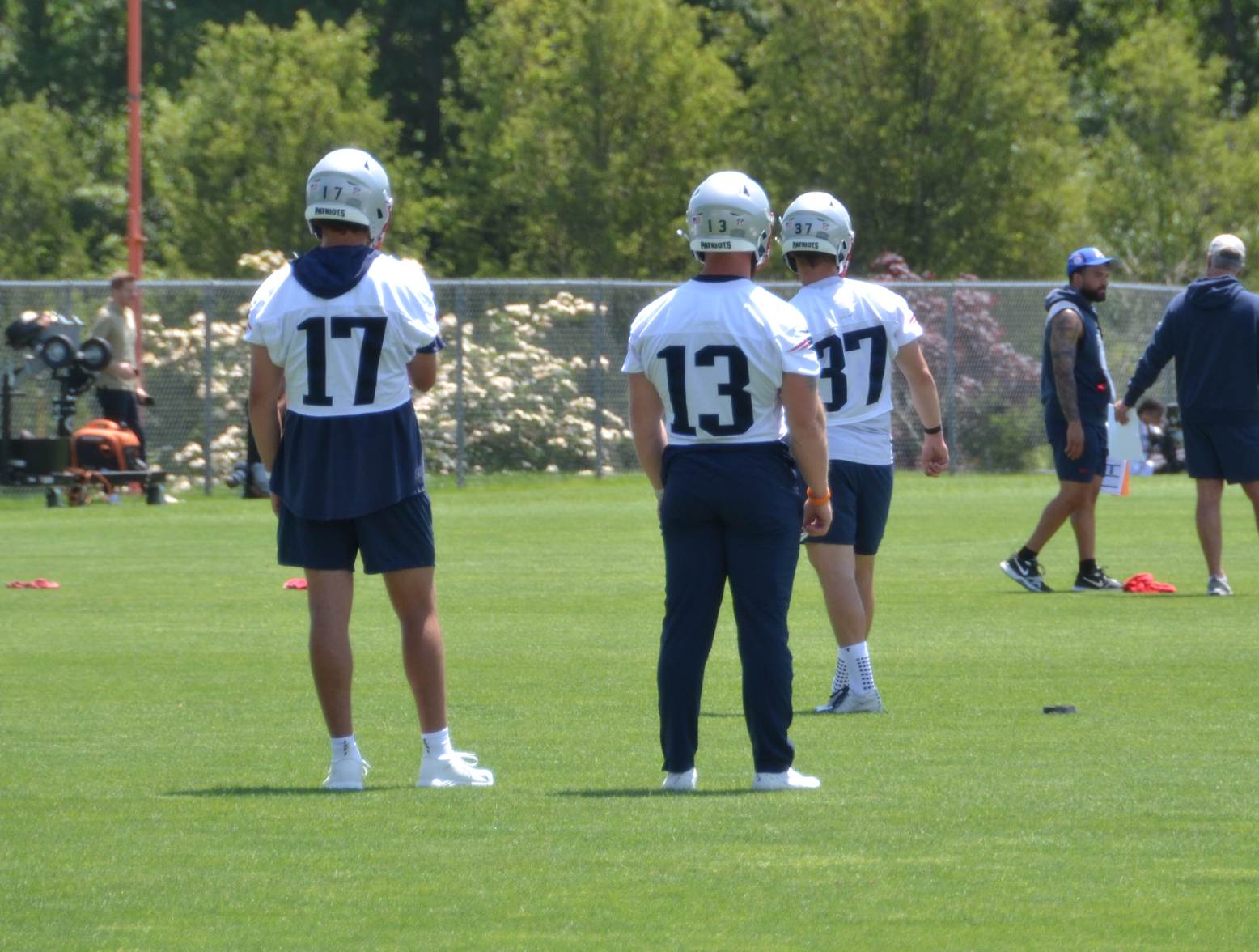 Patriots kickers Chad Ryland (37) and Joey Sly (13) and punter Bryce Baringer (17) work on kickoffs during Patriots OTA practice. (Alex Barth/98.5 The Sports Hub)
