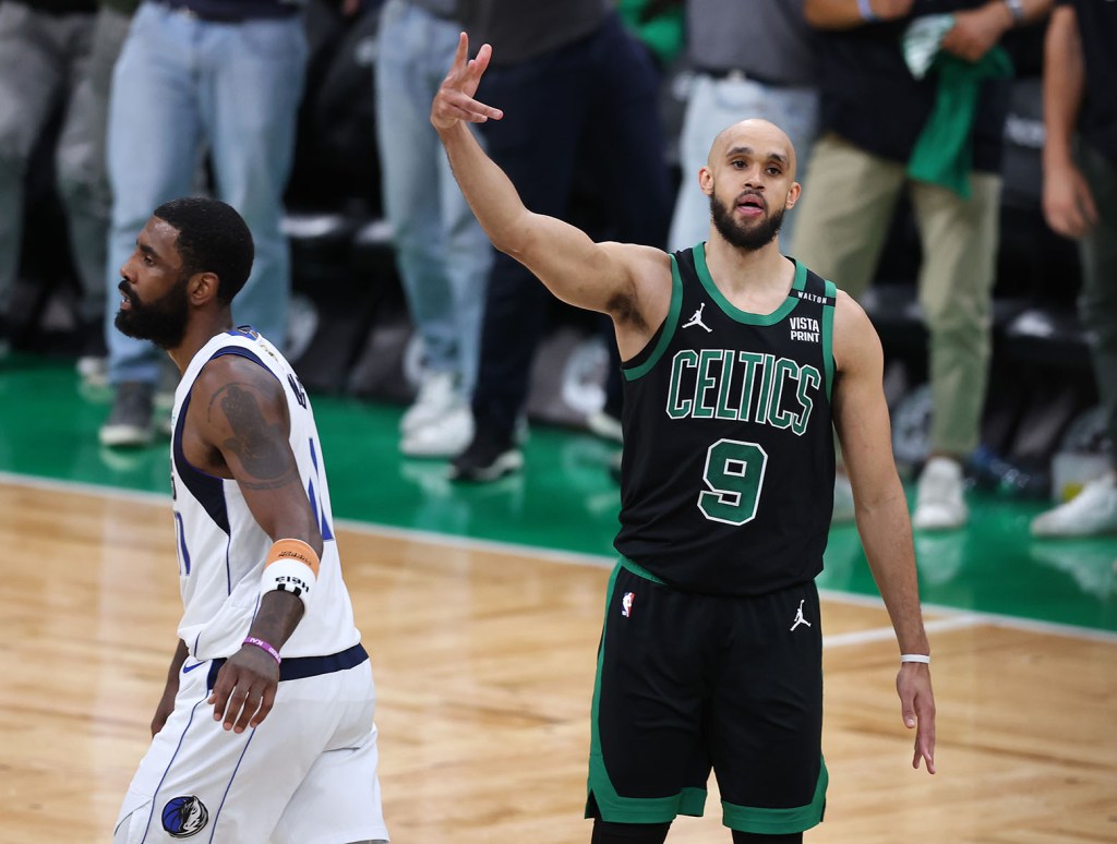 BOSTON, MASSACHUSETTS - JUNE 09: Derrick White #9 of the Boston Celtics reacts after a made basket against the Dallas Mavericks during the fourth quarter in Game Two of the 2024 NBA Finals at TD Garden on June 09, 2024 in Boston, Massachusetts. (Photo by Adam Glanzman/Getty Images)