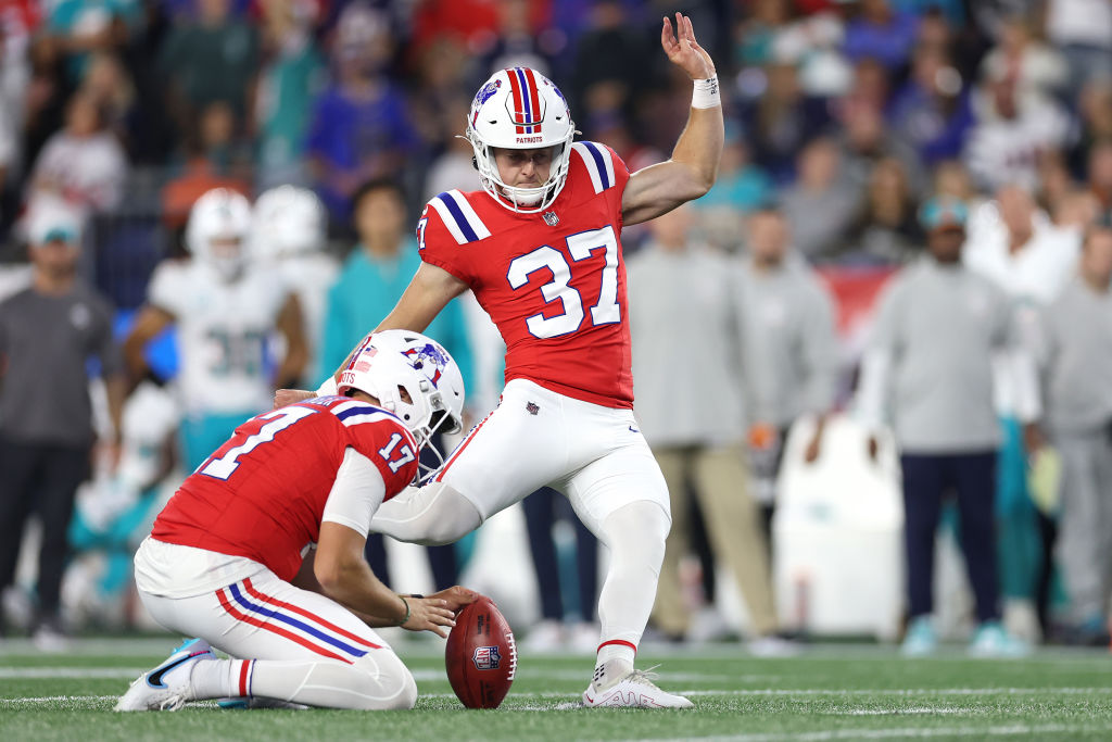 FOXBOROUGH, MASSACHUSETTS - SEPTEMBER 17: Chad Ryland #37 of the New England Patriots kicks an extra point during the game against the Miami Dolphins  at Gillette Stadium on September 17, 2023 in Foxborough, Massachusetts. (Photo by Maddie Meyer/Getty Images)