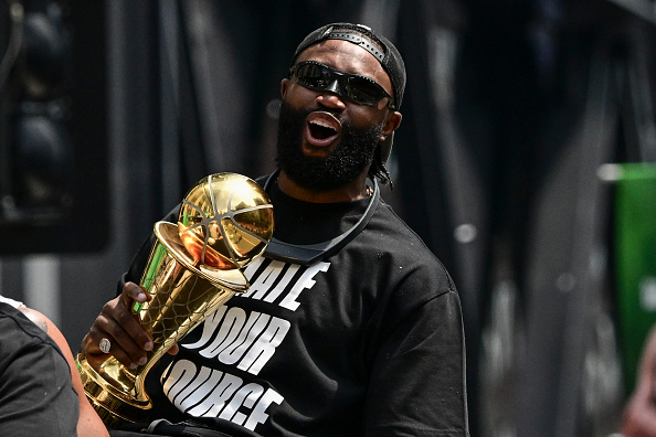 Jaylen Brown with MVP trophy Boston Celtics Duck Boat Rally