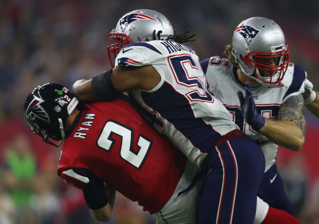 HOUSTON, TX - FEBRUARY 05: Matt Ryan #2 of the Atlanta Falcons is sacked by Dont'a Hightower #54 of the New England Patriots during the fourth Quarter of Super Bowl 51 at NRG Stadium on February 5, 2017 in Houston, Texas. (Photo by Al Bello/Getty Images)