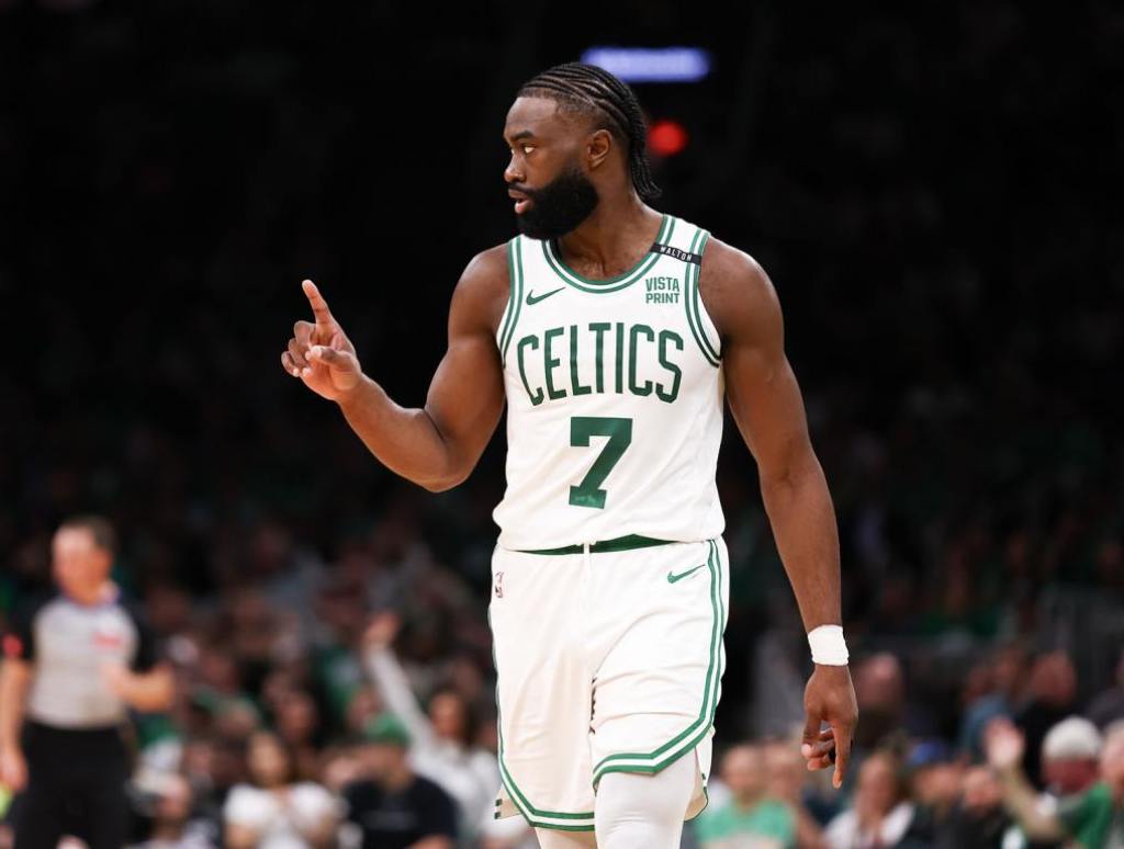 BOSTON, MASSACHUSETTS - JUNE 06: Jaylen Brown #7 of the Boston Celtics reacts during the second quarter against the Dallas Mavericks in Game One of the 2024 NBA Finals at TD Garden on June 06, 2024 in Boston, Massachusetts. (Photo by Maddie Meyer/Getty Images)