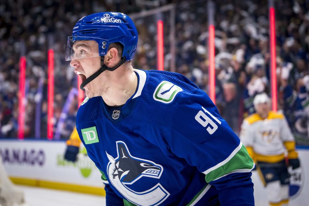 Apr 30, 2024; Vancouver, British Columbia, CAN; Vancouver Canucks defenseman Nikita Zadorov (91) celebrates his goal against the Nashville Predators during the third period in game five of the first round of the 2024 Stanley Cup Playoffs at Rogers Arena. Mandatory Credit: Bob Frid-USA TODAY Sports